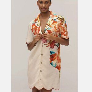 Farm Rio x Anthropologie Scalloped Shirt Dress Tropical Floral Size L NWT Large